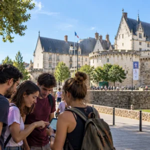 A group of friends playing Urban Tales, an interactive city exploration game in Nantes, France.