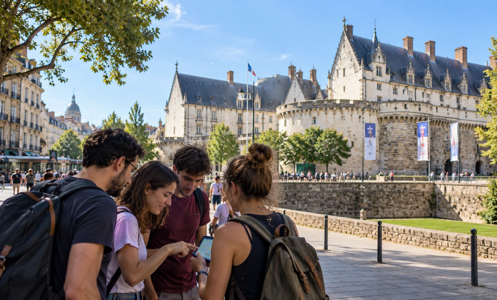 A group of friends playing Urban Tales, an interactive city exploration game in Nantes, France.