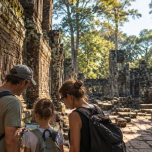 Family with a child playing Urban Tales, an interactive city exploration game, among the ancient ruins of Angkor Thom, Cambodia.