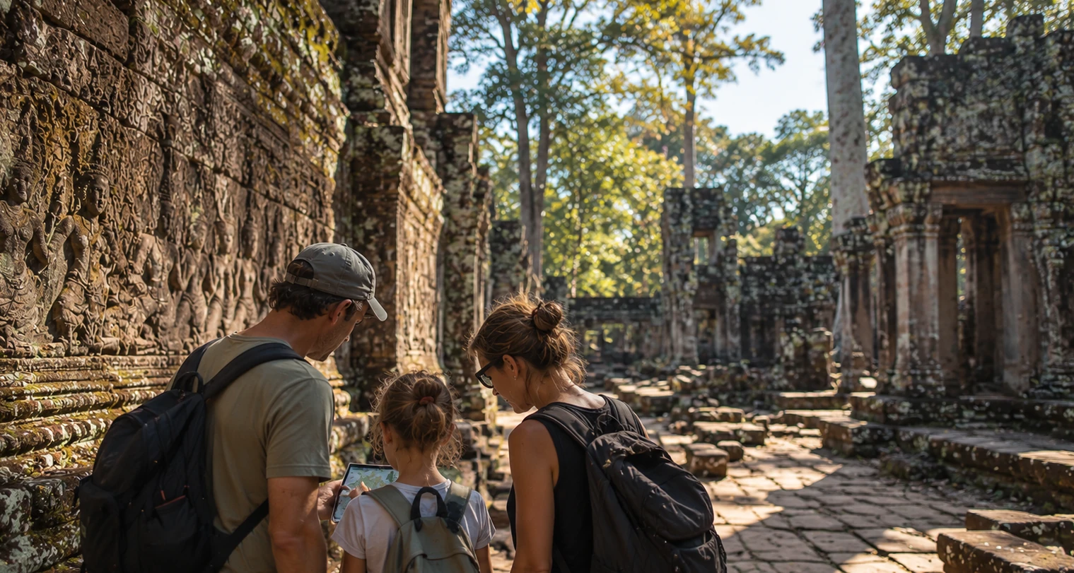 A family exploring ancient Angkor Thom temple ruins, admiring intricate stone carvings and discovering the jungle-covered archaeological site together.