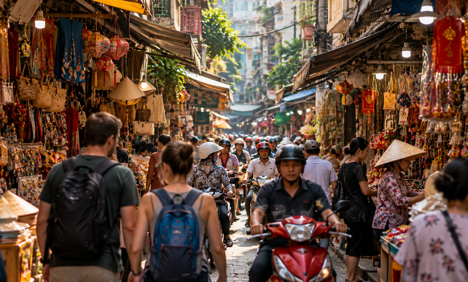 A lively street scene in Saigon’s Cholon Chinatown, with red lanterns hanging outside traditional shops and a motorbike passing through the bustling street market.