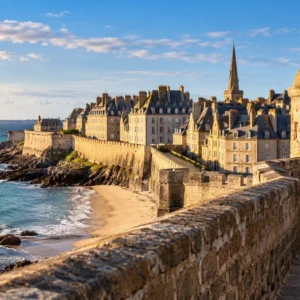 View of Saint-Malo’s historic walled city from the ramparts, Brittany, France.