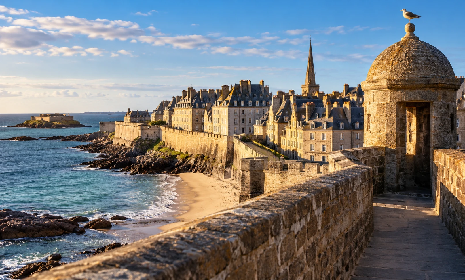 View of Saint-Malo’s historic walled city from the ramparts, Brittany, France.